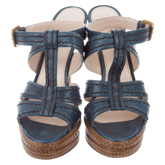PRADA - Blue & Tan leather Platform Sandals - EU 39.5 - Made in Italy - Picture 3 of 11